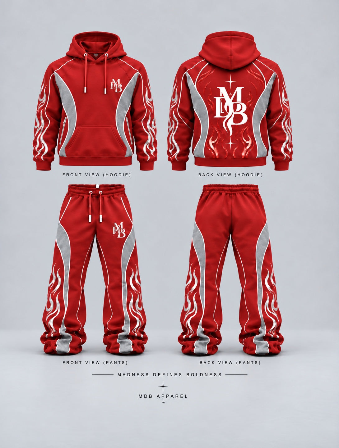 Red MDB Afterdark hoodie and pants, front and back