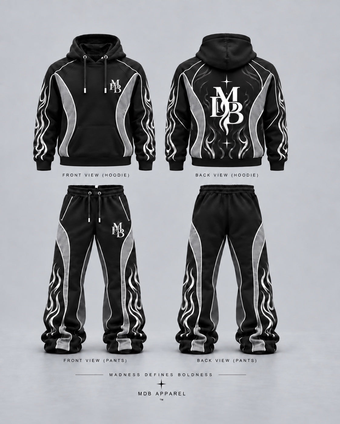 Black MDB Afterdark hoodie and pants, front and back
