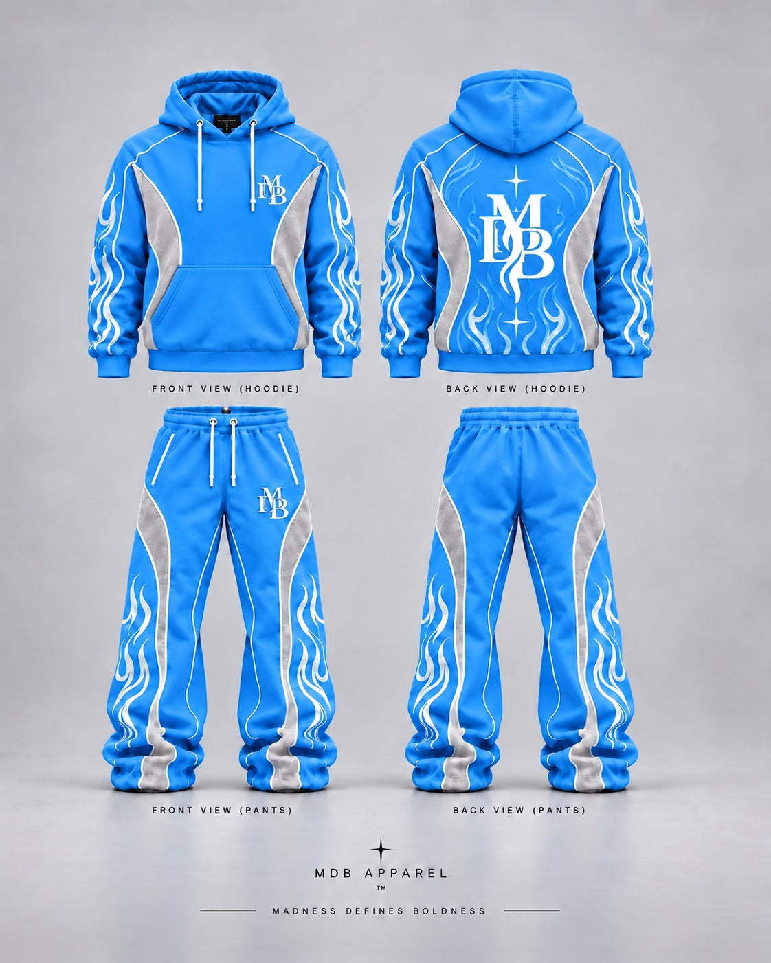 Blue MDB Afterdark hoodie and pants, front and back