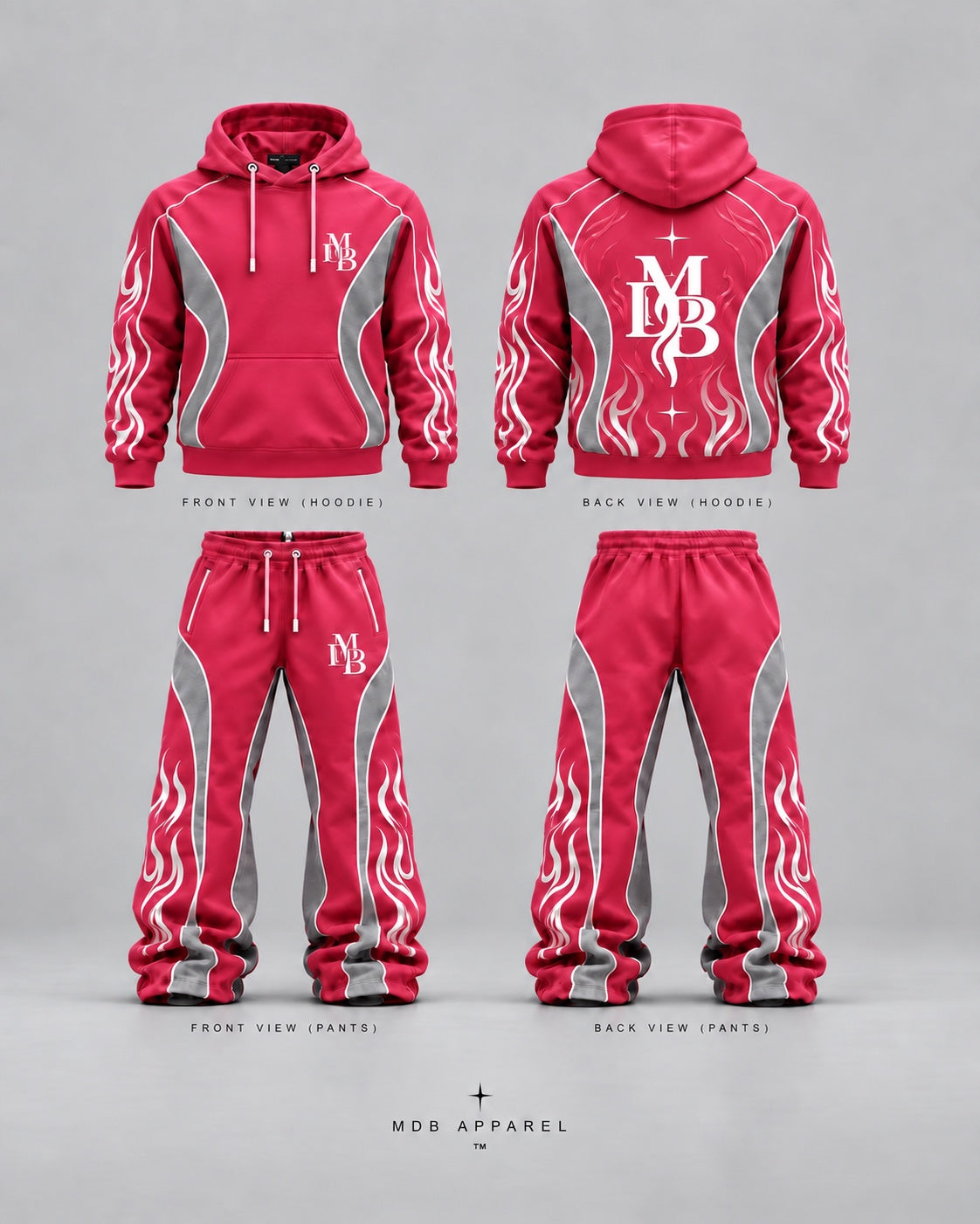 Pink MDB Afterdark hoodie and pants, front and back