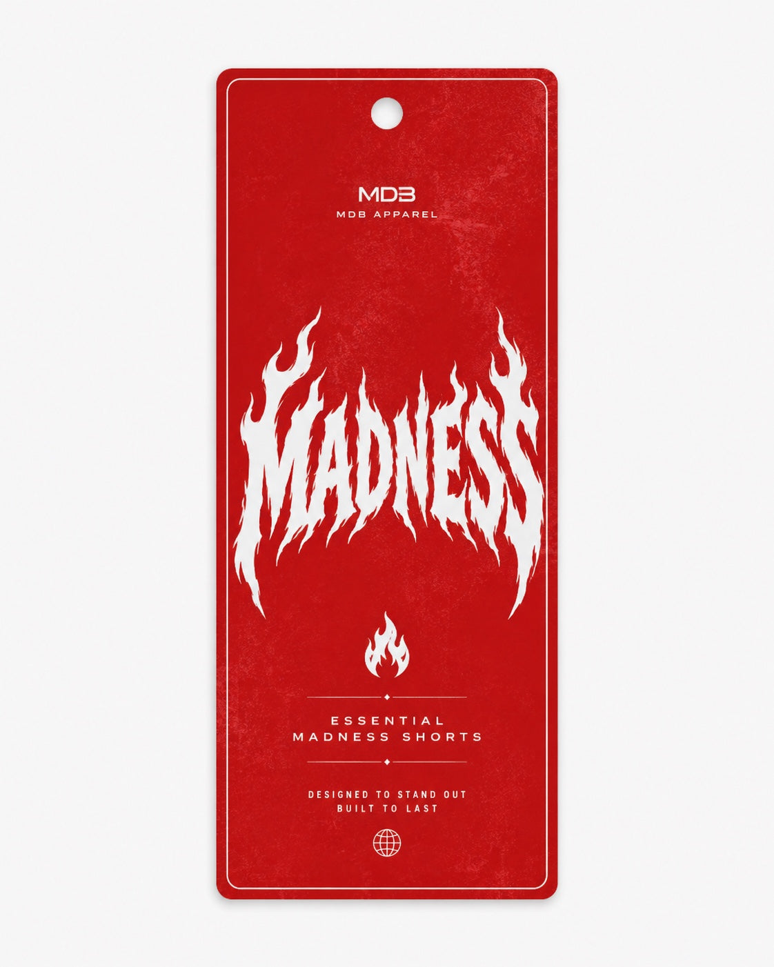 Back of red MDB Apparel hangtag