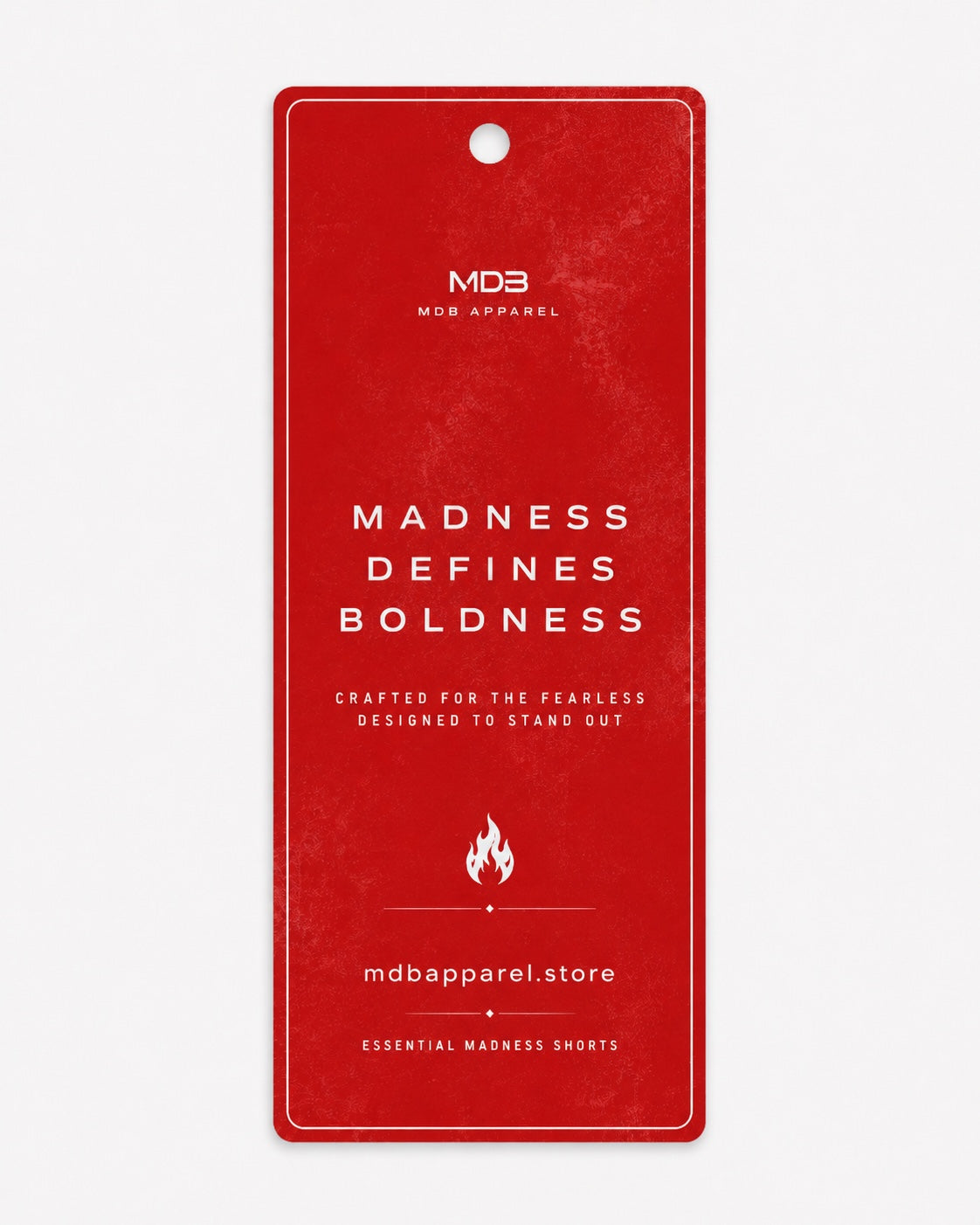 Front of red MDB Apparel hangtag